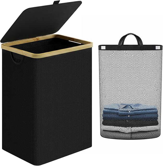 iEGrow Laundry Hamper with Lid, 85L Large Laundry Basket with Handle,Foldable Clothes Basket Organizer with Removable Inner Bag for Clothes Towels - Black