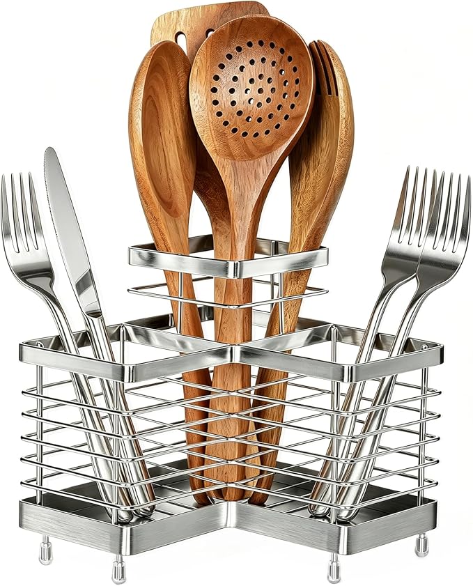 Utensil Holder, Stainless Steel Corner Utensil Holder for Kitchen Counter, 3 Compartments Utensil Crock Organizer for Spatulas, Silverware, Forks, Knives, Spoons & Cooking Tools