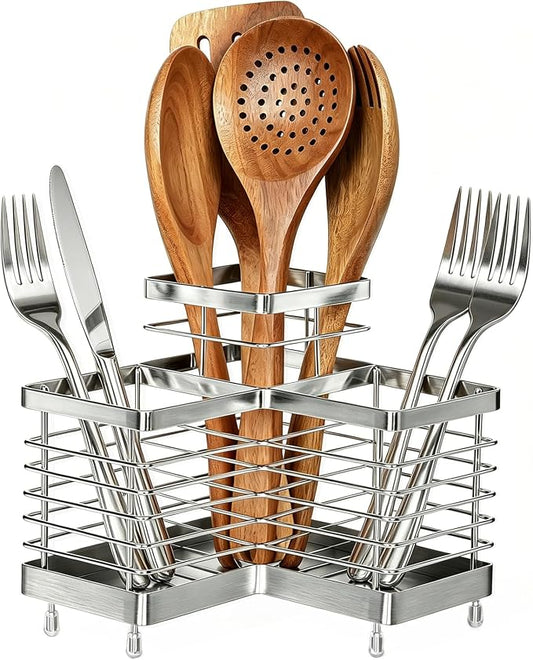 Utensil Holder, Stainless Steel Corner Utensil Holder for Kitchen Counter, 3 Compartments Utensil Crock Organizer for Spatulas, Silverware, Forks, Knives, Spoons & Cooking Tools