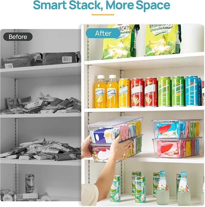 Vtopmart 2 Pack Stackable Pantry Organizer Bins with Lids, Clear Plastic Storage Containers with Removable Dividers, Tea Bag Organizer for Snack Packets, Spice Packets and Kitchen Cabinet Storage