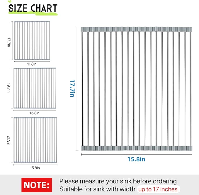 Roll Up Dish Drying Rack 17.7" x 15.8" Over The Sink Dish Drying Rack, Kitchen Dish Rack Stainless Steel Dish Drying Rack for Kitchen Sink Counter Storage (Grey)