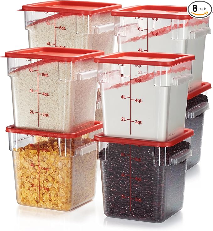 CURTA 8-Pack 8 Qt NSF Clear Polycarbonate Food Storage Containers with Red Lids - Square, Commercial-Grade, Freezer & Dishwasher Safe, Stackable
