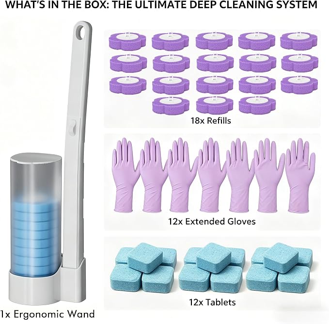 Disposable Toilet Brush, All-in-One Toilet Cleaning Kit - with 18 Refills, 12 Extended Cleaning Gloves &12 Deep Clean Tablets - No Touch Bathroom Wand, Zero-Touch Cleaning System for Home & Apartment