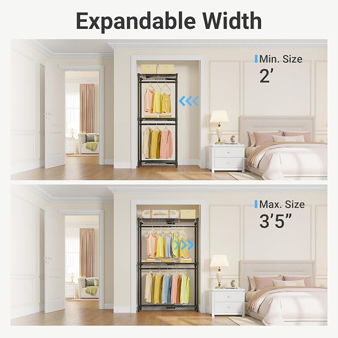 VIPEK X1 Expandable Clothes Rack Heavy Duty Adjustable from 2' to 3'5" with Adjustable Shelves and Hanger Rods, Reach-in & Walk-in Closets Metal Garment Racks Portable Closet, Black