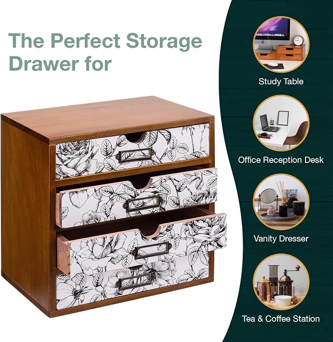 Vintage Desk Organizer with 4 Black & White Floral Drawers - Wooden Storage Shelf Drawer for Tabletop - Wood Desktop Organizing Box Cabinet - Black & White Monochrome Botanical Toile de Jouy