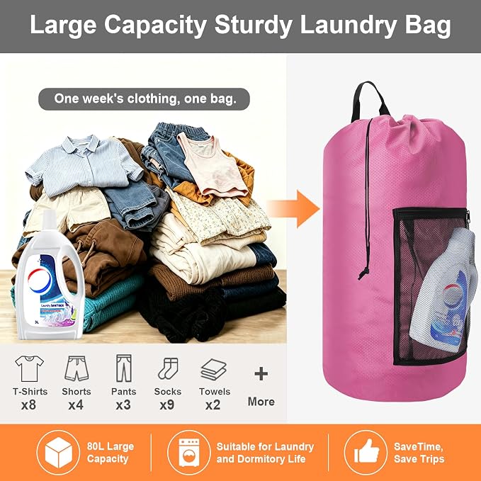 Laundry Bag Backpack Durable Laundry Bag with Shoulder Straps and Mesh Pockets Portable Laundry Hamper Dirty Clothes Bag for College, Travel, Laundromat, Apartment (Pink)