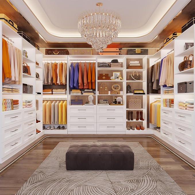 Corner Closet System with 6 Shelves, Custom 39.4"-78.8" Closet Organizer System with 3Hanging Rods, Walk in Corner Closet Organizers and Storage System, Freestanding Closet Storage System Corner,White