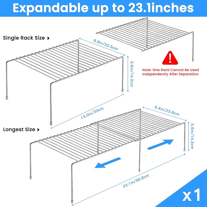 Tomorotec Space-Saving Stainless Steel Storage Rack, 12.8-22.8 in, Silver, Easy to Install, Versatile Design | Adjustable from 12.8 to 22.8 Inches Rustproof with Anti-Slip Feet for Pantry Bathroom Closet and Countertop Organization