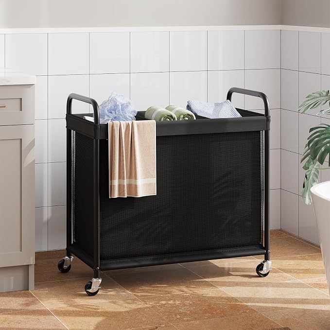 ELYKEN Laundry Hamper 3 Section, 120L Rolling Laundry Sorter with Wheels | Removable Washable Liner Bags, Sturdy Steel Frame and Metal Handle, 3 Compartment Clothes Organizer for Laundry Sorting