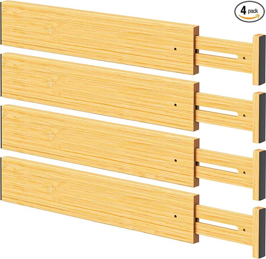 Bamboo Drawer Dividers Organizers, 2.56" High, 17"-21.8" Adjustable, 4 Pack | Expandable Separators, Great for Utensils, Kitchen, Bedroom, Dresser and Office Storage