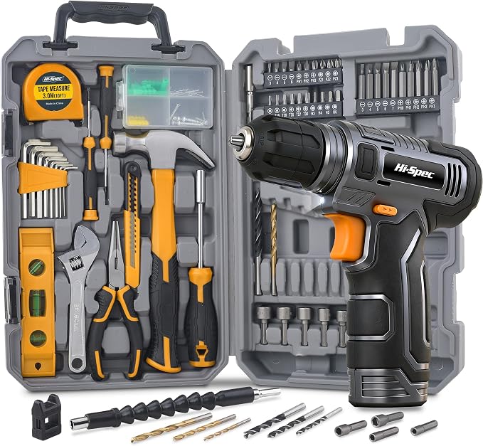 Hi-Spec Tool Kit with 8V Cordless Drill Set with Toolbox for Home DIY | Complete DIY Tool Set, Essential Everyday Home Repair & Maintenance, USB Rechargeable Electric Drill, Compact Toolbox Case