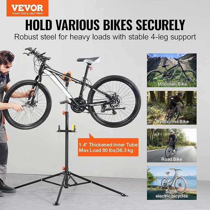 VEVOR Bike Repair Stand, 4-Leg Steel Bicycle Repair Stand, 42.5"-74.8" Adjustable Height Bike Maintenance Work Stand with Magnetic Tool Tray, Foldable Bike Service Stand for Home, Shop (Max 80 Pounds)