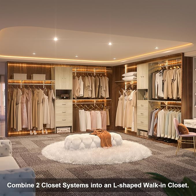 120 Inches Closet System With Doors, 10FT Walk In Closet Organizer with 3 Shelving Towers, Heavy Duty Clothes Rack with 3 Drawers, Built-In Garment Rack, Max Load 1300 LBS, White Oak