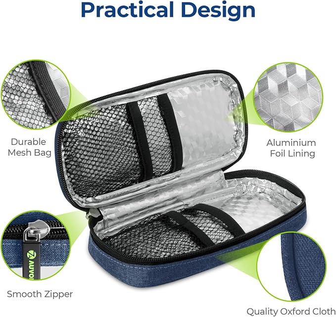 AUVON Insulin Cooler Travel Case, Diabete Care, 2x90g TSA-Approved Ice Pack | Diabetic Medication Insulated Cooling Bag for 2 Insulin Pens and Diabetic Supplies Storage, Compact for Daily Life and Trips