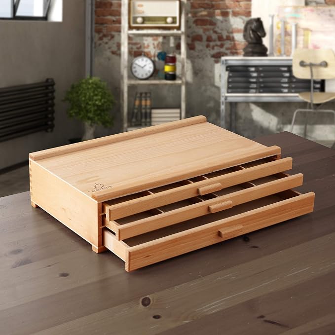7 Elements 3 Drawer Wooden Artist Storage Supply Box for Pastels, Pencils, Pens, Markers, Brushes and Tools