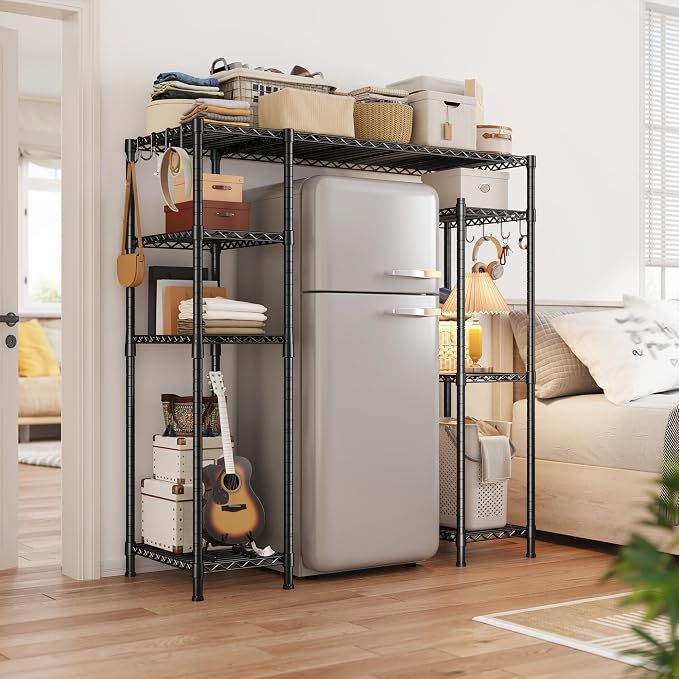 REIBII Mini Fridge Shelf with Storage,4-Tier Adjustable Shelves,665 lbs | With 8 Hooks,Fits Mini Fridge & Kitchen Appliances,Heavy Duty Steel Frame,Easy Tool-Free Assembly, Space-Saving,Dorm & Pantry