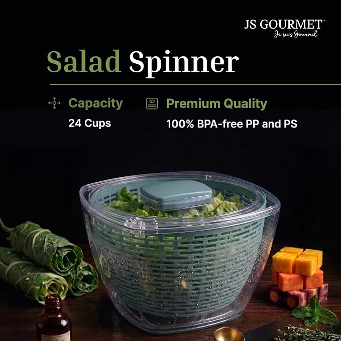 JS Gourmet Salad Spinner – 5.68L (24 Cup), BPA-Free Manual Vegetable Spinner with Strainer Basket, Durable Kitchen Gadget, Easy Spin Dryer Bowl for Lettuce, Fruits & Greens