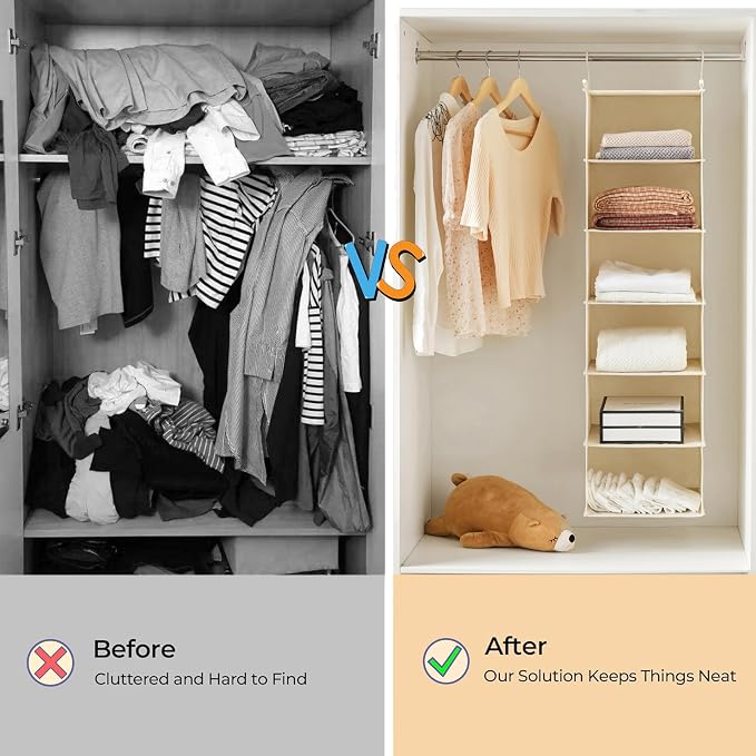 MAX Houser 6 Tier Shelf Hanging Closet Organizer, Closet Hanging Shelf with 2 Sturdy Hooks for Storage, Foldable (Beige-D3)
