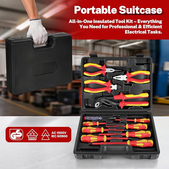BILITOOLS 12-Piece 1000V VDE Insulated Screwdriver and Pliers Set | Magnetic Slotted and Phillips Tips, Insulated Long Nose, Combination, Diagonal and Water Pump Pliers, Voltage Tester