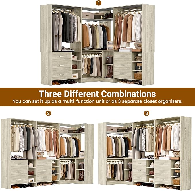 Aheaplus Closet System with 6 Drawers, 4 Hanging Rods & Corner Tower, Corner Closet System with Hanging,92.6" L-Shaped Walk-In Wardrobe Organizer, 2000+ lbs Capacity, Set of 3, White Oak