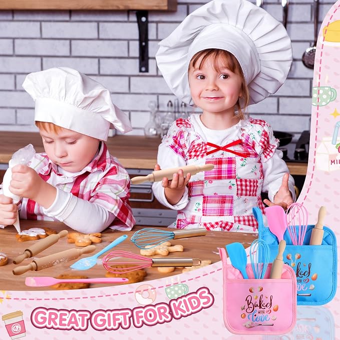 RoundFunny 24 Pcs Kids Mini Baking Supplies with Kitchen Utensil, Pot Holders, Spatula, Rolling Pin, Whisk for Kids Classroom School Exchange Party Favors (Medium)