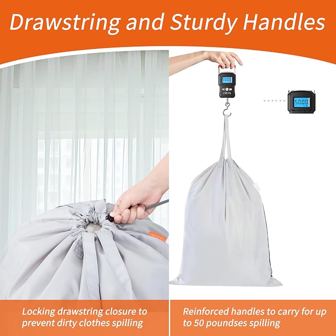 2 Pack Extra Heavy-Duty Laundry Bag with Handles, Silver, 28x36" | Machine Washable, Large Storage Bag, Reinforced Handles, Drawstring Closure & ID Tag, For College Dorm Travel