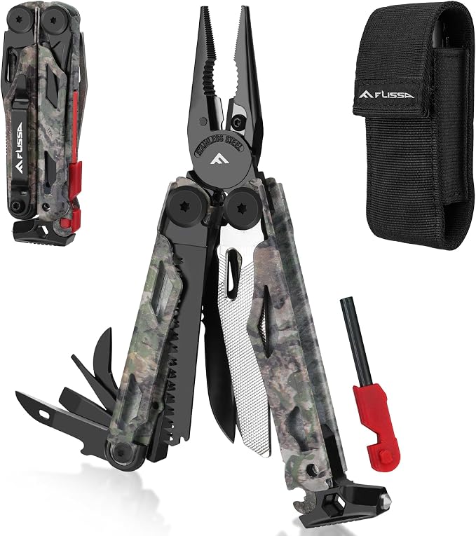 FLISSA 18-in-1 Camo EDC Multitool Pliers Fire Starter with Sheath | Equipped with Fire Starter, Window Breaker, Whistle, Stainless Steel, Perfect for Survival, Simple Repair, Camping