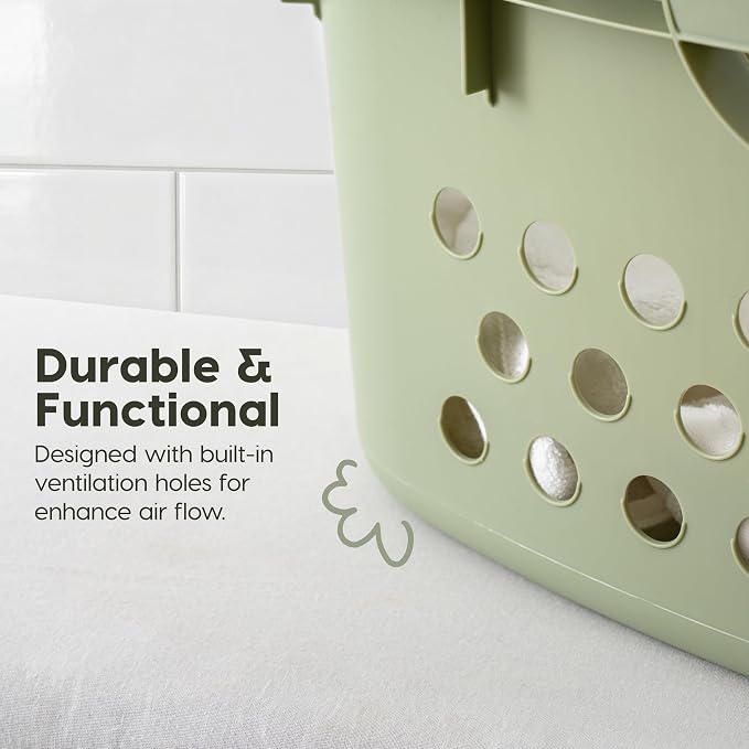IRIS USA Plastic Laundry Basket 1.5 Bushel (50L), Built-In Handles, Green | Clothes Hamper with Ventilation Holes, Reinforced Rim, Hip Hold Design, Large capacity
