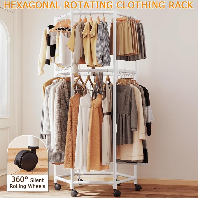 360° Rotating Hexagonal Clothes Hanger With Wheels, Space-Saving Freestanding Floor With Double Layer Hanging Bars, Multi-Compartment Floor-Standing Clothes Rack (Regular-White)