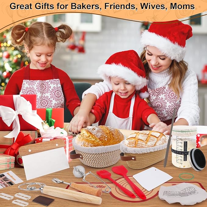 Sourdough Starter Kit, Bread Baking Supplies with Round & Oval Banneton Proofing Basket, Bread Sling, Starter Jar, Dough Whisk, Scrapers, Stencils & Storage Bag, Bread Making Tools Gift for Bakers