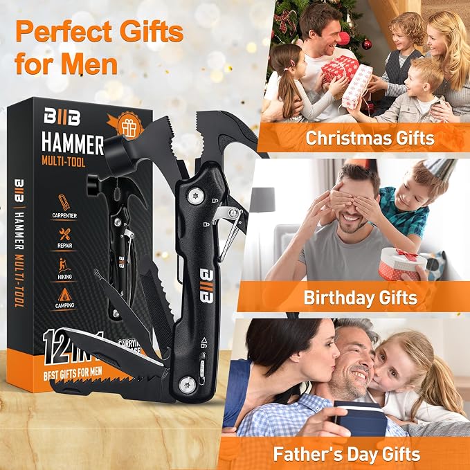 BIIB Gifts for Men, 12 in 1 Hammer Multitool, Stocking Stuffers for Men | Anniversary Birthday Gifts for Mens, Camping Essentials Survival Tool, Mens Gift for Him Dad Husband, Dad Gift for Christmas