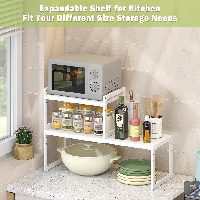 Expandable Cabinet Shelf Organizer, Stackable Kitchen Counter Shelf, White | Space Saving Metal Pantry Storage Racks for Kitchen Spice Rack Pans and Untensils Bathroom Office Organization, 2-Tier