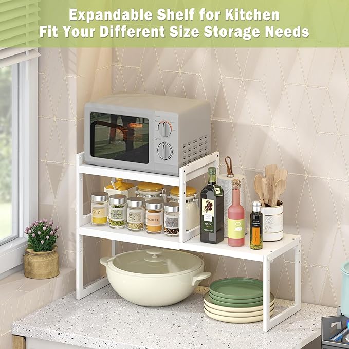 Expandable Cabinet Shelf Organizer, Stackable Kitchen Counter Shelf, White | Space Saving Metal Pantry Storage Racks for Kitchen Spice Rack Pans and Untensils Bathroom Office Organization, 1-Tier