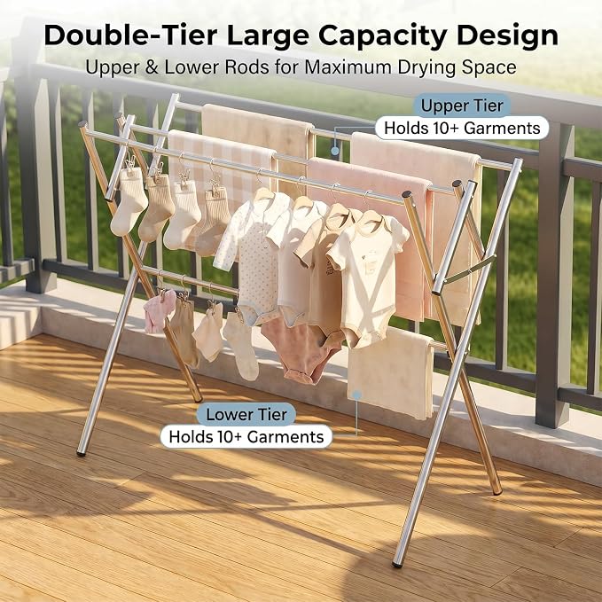 Drying Rack for Clothes, Compact 4 Drying Poles Foldable Laundry Rack, Stainless Steel Portable Clothes Airer for Towels, Baby Clothes, Bibs & Swimsuits, for Balcony & Laundry Room Use, Silver