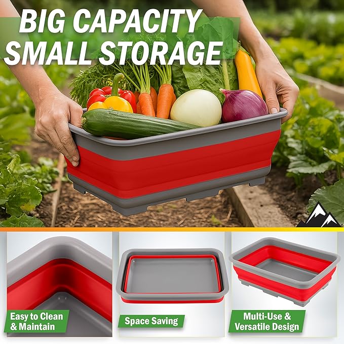 Collapsible Cleaning Caddy - Portable Multi-use Wash Basin, Dish Tub, or Ice Bucket with 7.27L Capacity for Camping and Tailgating by Wakeman (Red)