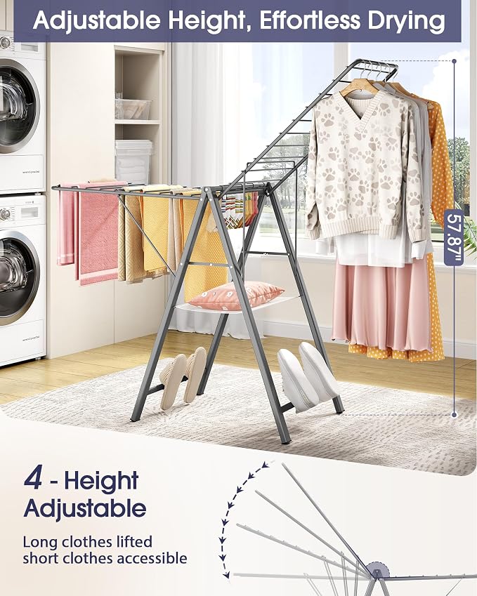 APEXCHASER Clothes Drying Rack, 67.7" L Height Adjustable, Foldable, Grey | 1.5"Folded, No Assembly, Space-Saving, Spacious Design, Adjustable Wings, Clips, Mesh Shelf, Shoe Rack, Indoor & Outdoor Use