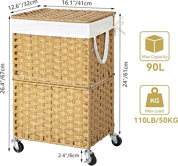 Chrislley Wicker Laundry Basket with Wheels,Rolling Laundry Hamper with Lid | 90L Slim Clothes Hamper with Wheels & Removable Liner Bag, Handwoven Rattan Laundry Organizer for Bedroom, Bathroom, Yellow