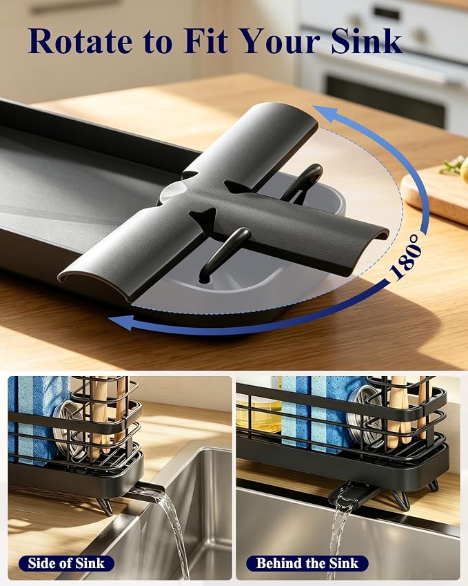Kitsure Sponge Holder for Kitchen Sink, Self-Draining Sink Caddy, Sink Organizer with Rotating Drain Spout and Movable Brush Holder for Narrow Countertops (Black, 7.9" x 3.5" x 6.0")