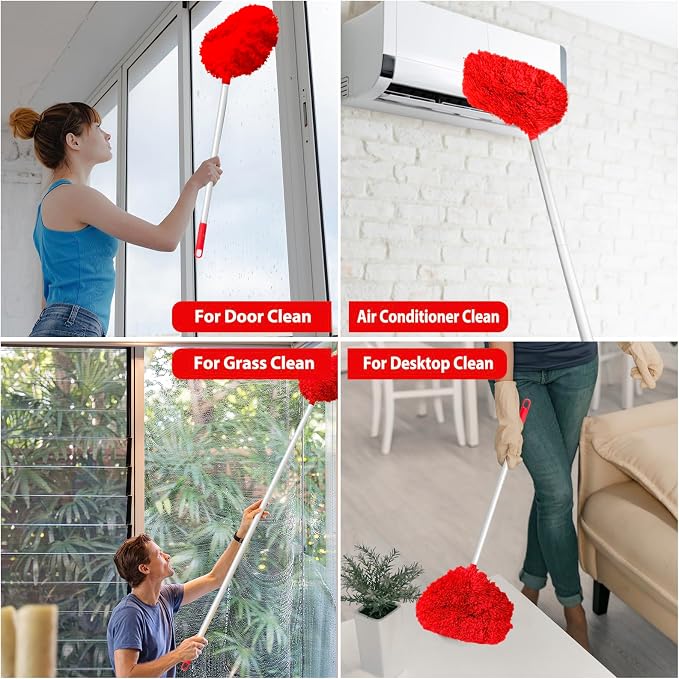 FONUNO Ceiling Fan Cleaner Duster High Ceiling Extended Fan Blade Cleaner | Reusable Microfiber Ceiling Fan Duster with Extension Handle from 13 to 50 Inch for Furniture Bookshelves Wall Door, Red