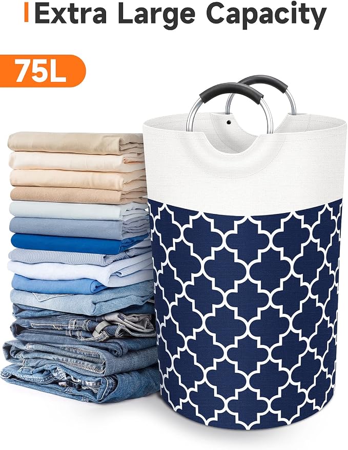 Large Laundry Basket 75L Tall Collapsible Hamper with Handles for Dorm Blue | Freestanding Laundry Hamper, Waterproof Dirty Clothes Storage Bag for College, Bathroom, Foldable Washing Bin for Travel