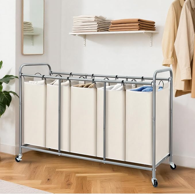 STORAGE MANIAC 5 Section Laundry Sorter, 5 Bins Rolling Separator Laundry Basket, Dirty Clothes Hamper Divider with Heavy Duty Lockable Wheels, Large Clothes Organizer Cart, Beige