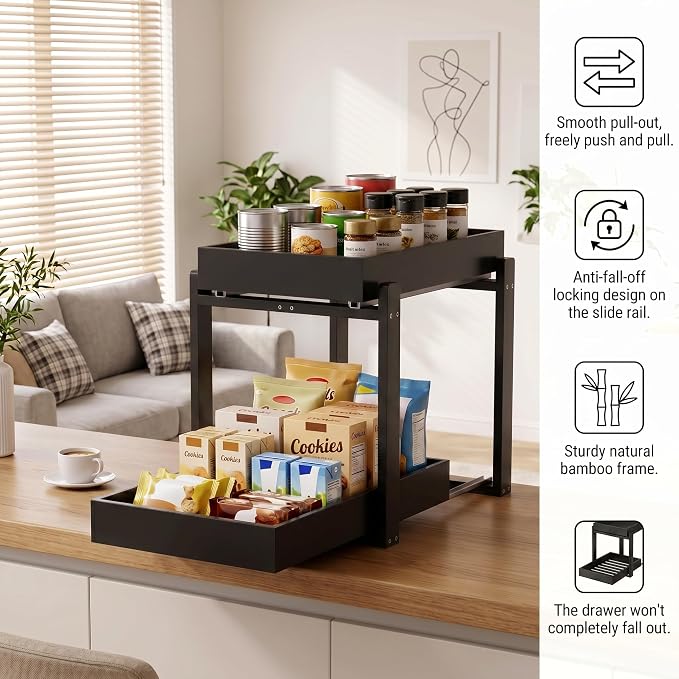 Bamboo Under Sink Organizer and Storage, 2 Pack Pull Out Cabinet Organization, 2 Tier Vertical Slide Out Undersink Storage Shelf, Multi-Purpose Organizer Shelves for Kitchen Bathroom Medicine