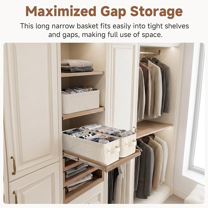 StorageWorks Narrow Storage Bins, Small Basket for Closet and Shelves, Fabric Organizer with Handles, Toilet Paper Storage, Beige, Cotton Linen, 2-Pack