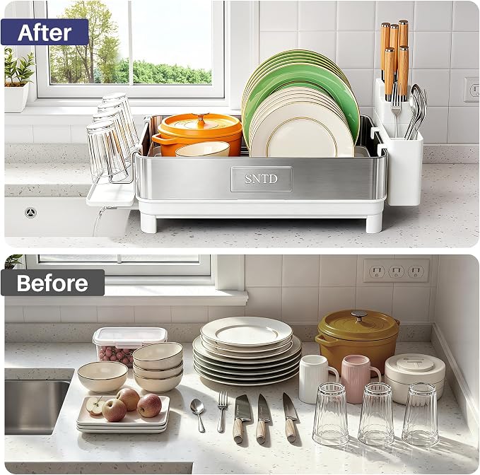 SNTD 304 Stainless Steel Dish Drying Rack for Small Kitchen Counter, White | Rustproof, Large Capacity, Heavy-Duty Frame, Rotating Spout, Angled Drainboard, Removable Cup & Utensil Holder
