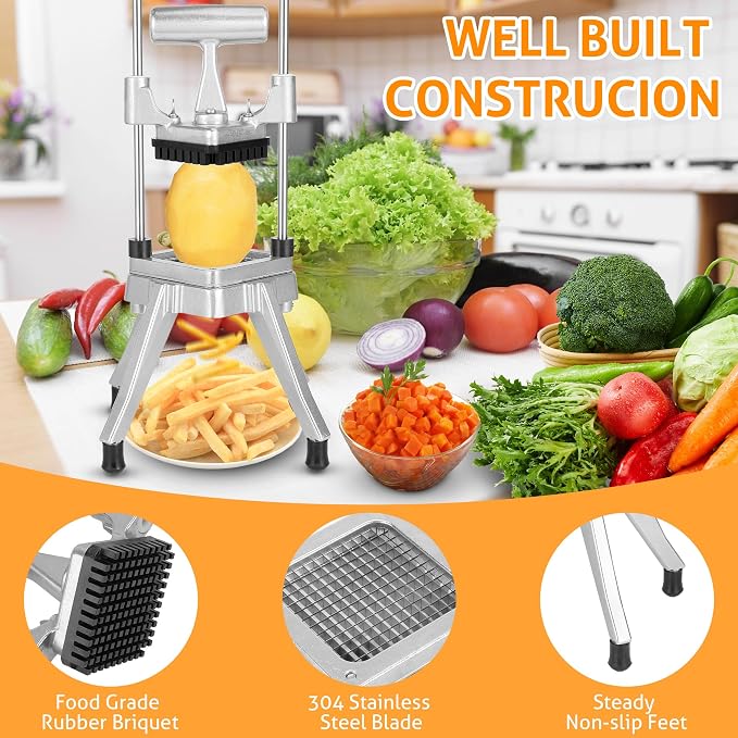 WICHEMI Commercial Vegetable Fruit Chopper Food Dicer French Fry Cutter | Stainless Steel 1/4" Blade, Heavy Duty, High Efficiency, Detachable, Easy Clean, Cuts Onions, Tomatoes, Potatoes, Peppers.