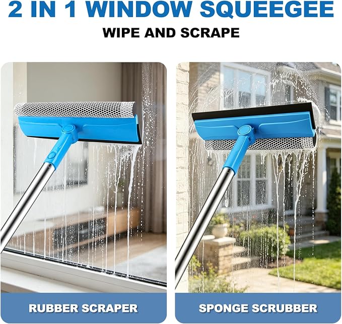 SetSail Window Squeegee, 2 in 1 Window Cleaner Tool with 57-in Extension Pole and Sponge Professional Squeegee for Window Cleaning Car Windshield Glass Shower, Blue