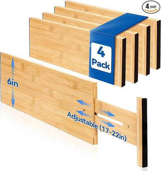 4 Pack Deep Drawer Dividers, 6" High Bamboo Expandable Drawer Organizers, 17-22" Adjustable Tension Separators, Large Drawer Dividers for Kitchen, Bedroom Dresser, Baby Nursery & Bathroom