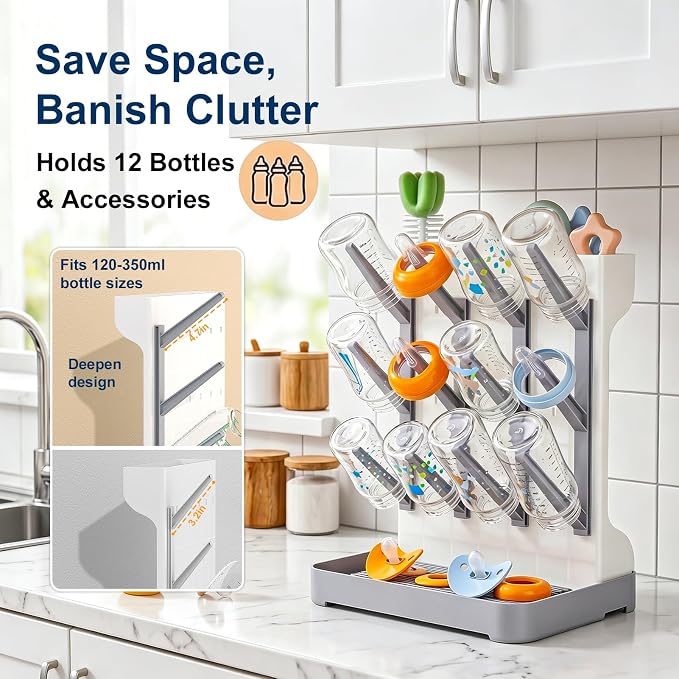 GoMaihe Baby Bottle Drying Rack: Space Saving Vertical Bottle Dryer Holder | Newborn Accessories Storage Stand Organize Brushes Pacifiers on Countertop - BPA-Free - Gray
