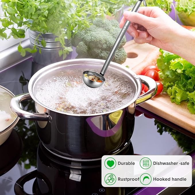 Potchen 10 Pcs Stainless Steel Soup Ladle Set Small Ladle Sturdy Long Handle Portion Control Serving Spoons for Cooking Sauce Gravy Stirring & Kitchen Home Use(1 oz)