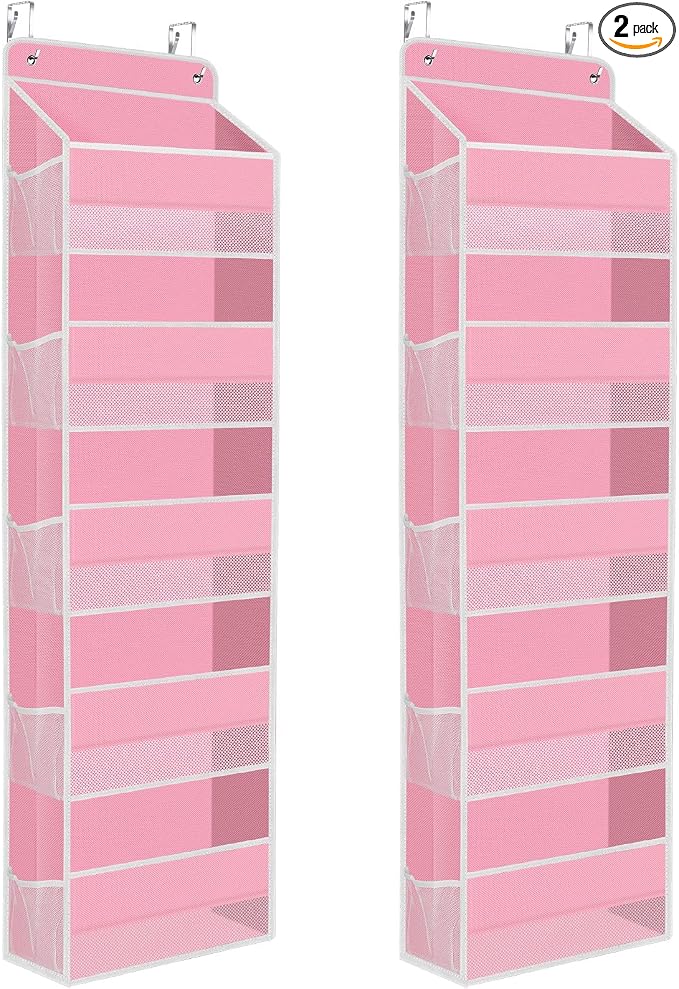 SpaceHacks 2 Pack Over The Door Organizer Hanging Storage Organizers with Clear Window 40lb Large Capacity Room Organizer for Pantry Laundry Bathroom Nursery Closet(Pink)